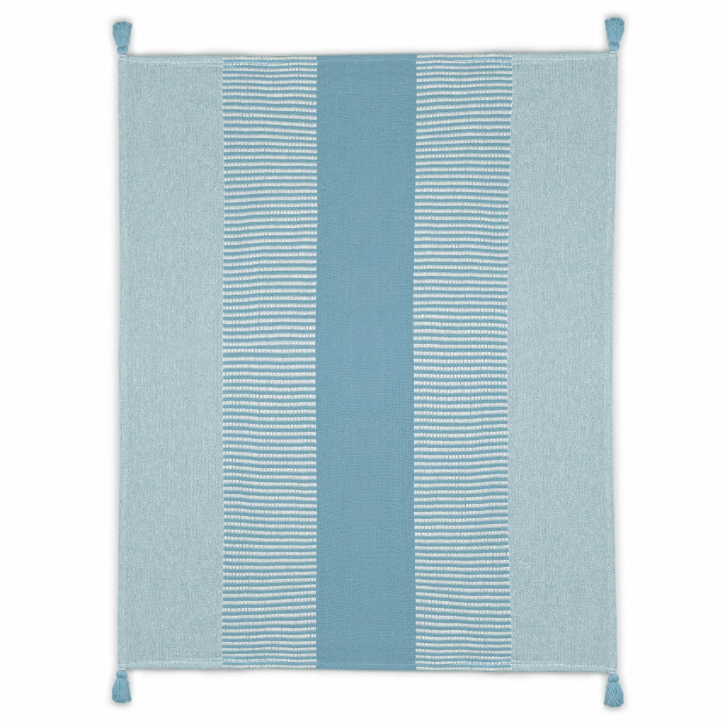 50" X 60" Blue Woven Cotton Striped Throw Blanket with Tassels