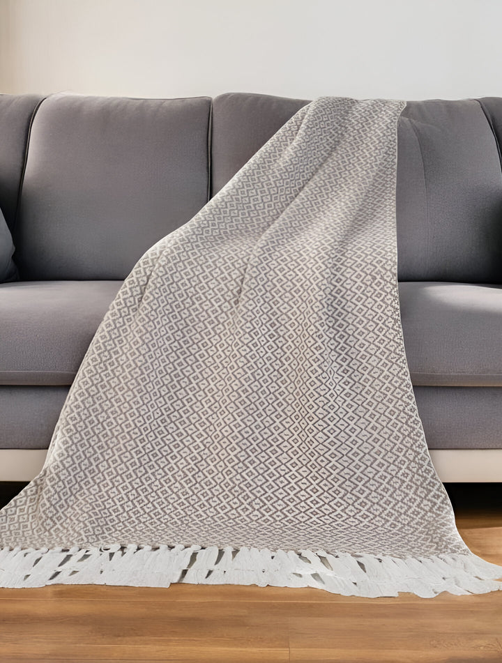 50" X 60" Gray and White Woven Cotton Geometric Throw Blanket with Fringe