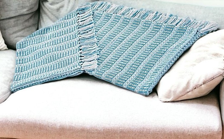 Blue and White Woven Cotton Striped Throw Blanket