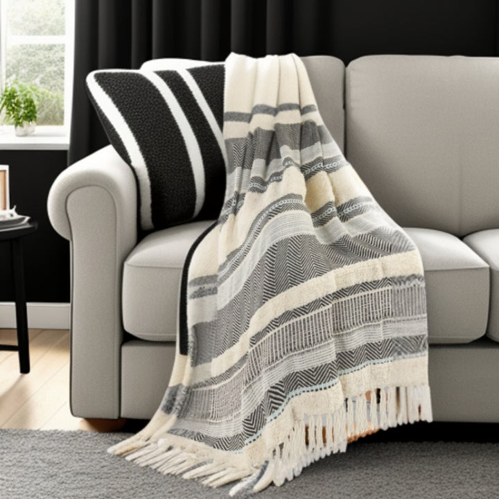 60" X 50" Cream Woven Cotton Herringbone Throw Blanket with Fringe