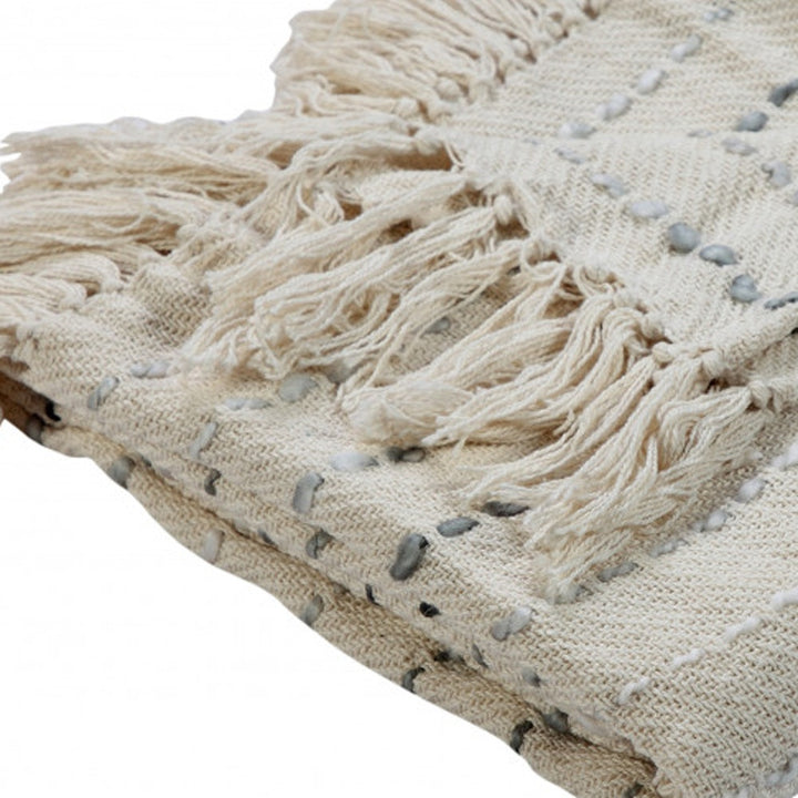 50" X 60" Cream Kantha Cotton Striped Throw Blanket with Embroidery