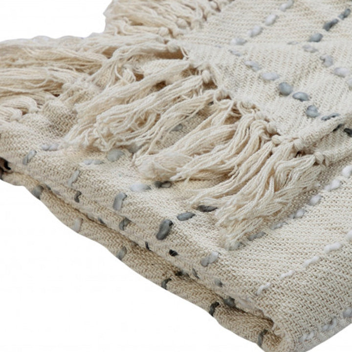 50" X 60" Cream Kantha Cotton Striped Throw Blanket with Embroidery