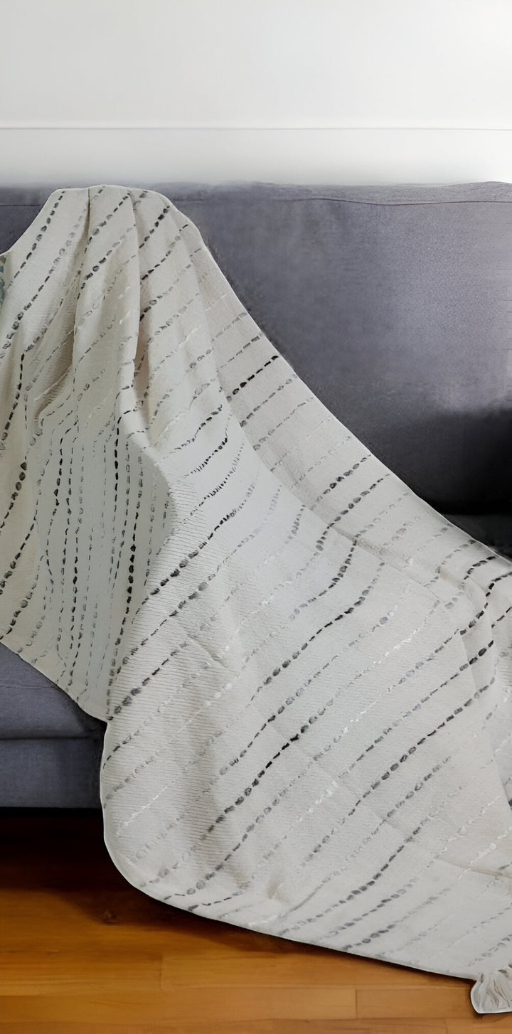 50" X 60" Cream Kantha Cotton Striped Throw Blanket with Embroidery