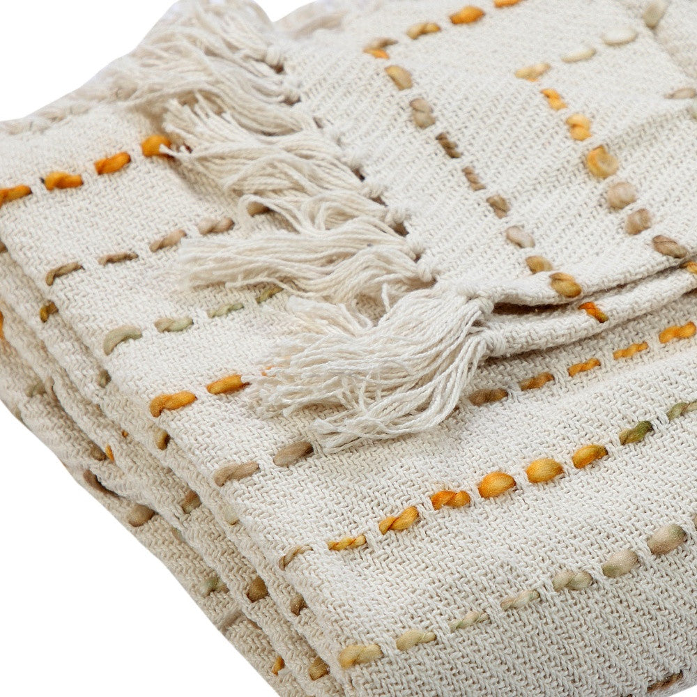 50" X 60" Cream Kantha Cotton Striped Throw Blanket with Embroidery