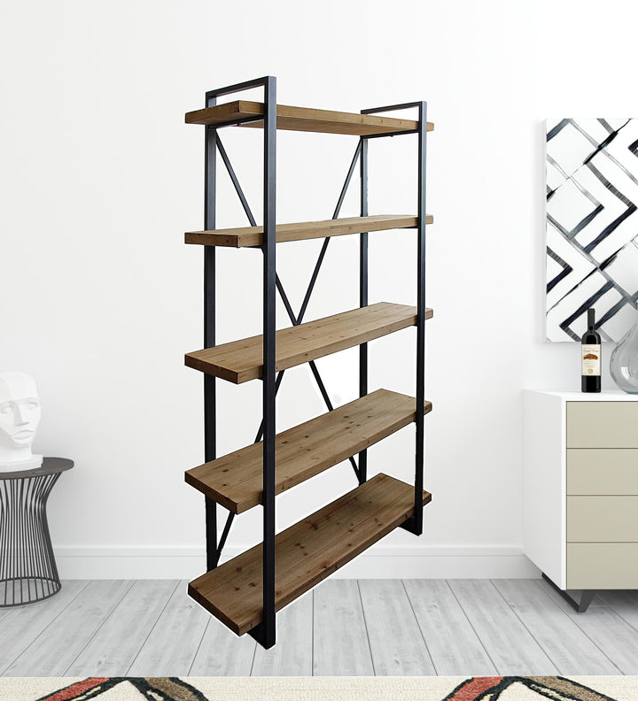 78" Natural Wood and Metal Five Tier Modern Industrial Bookcase