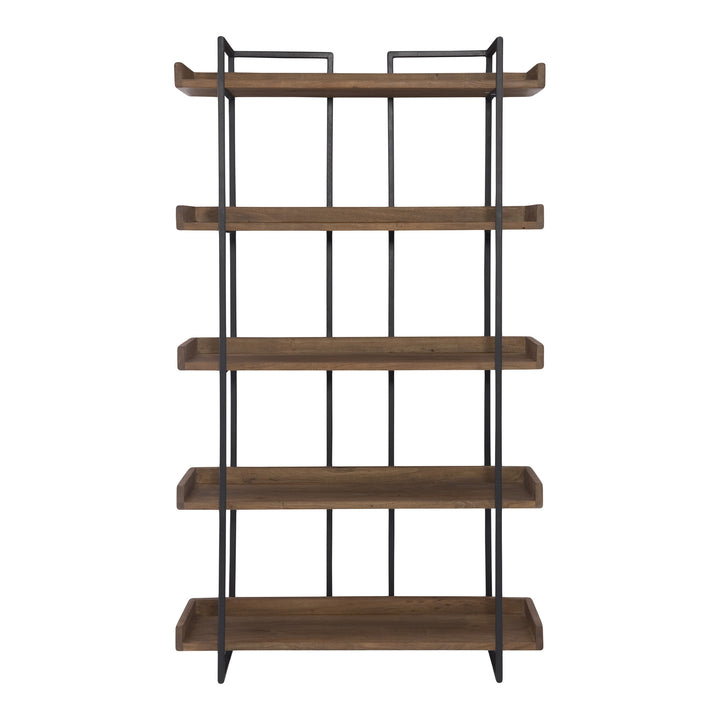 75" Brown and Black Metal and Wood Five Tier Bookcase