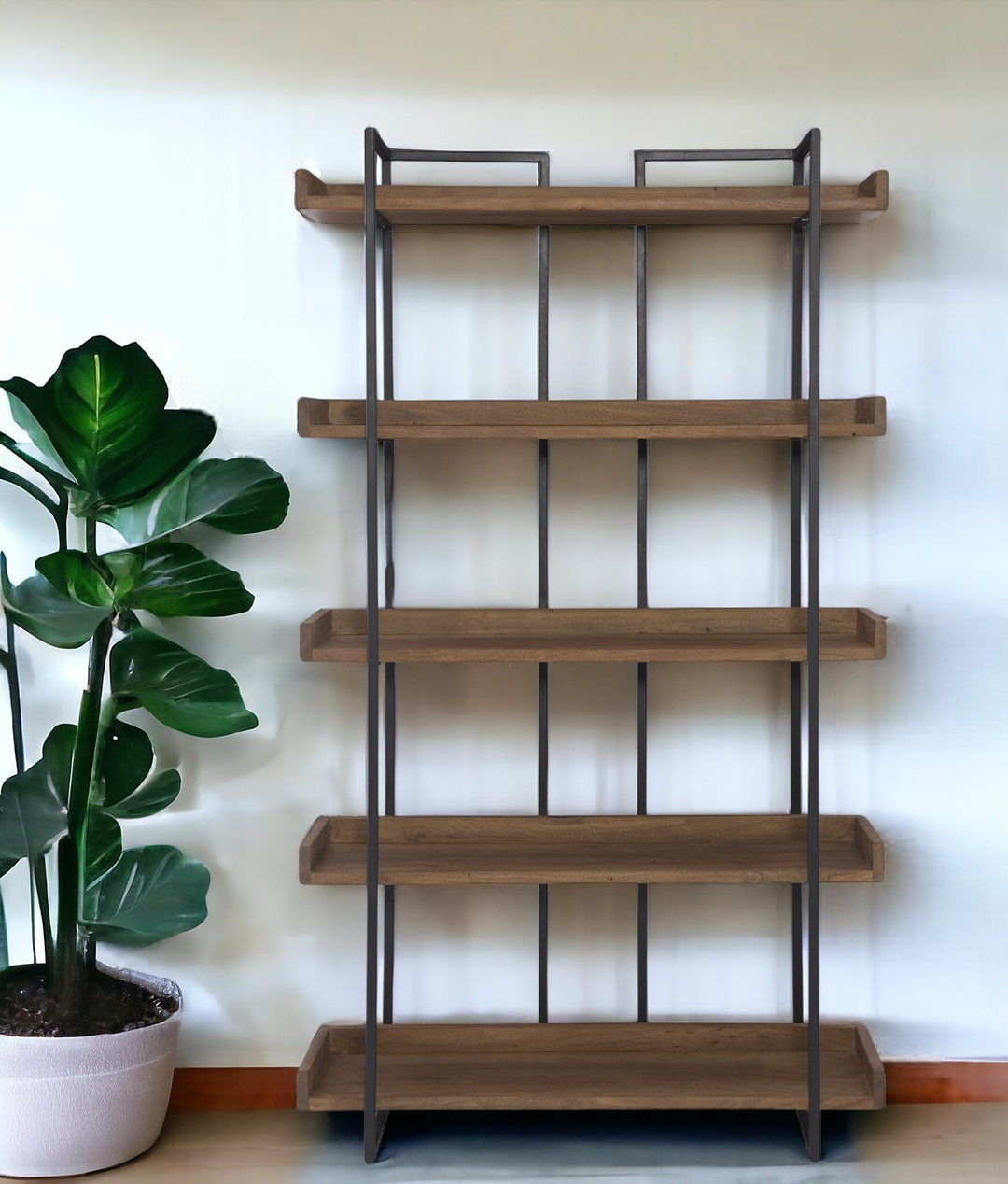 75" Brown and Black Metal and Wood Five Tier Bookcase