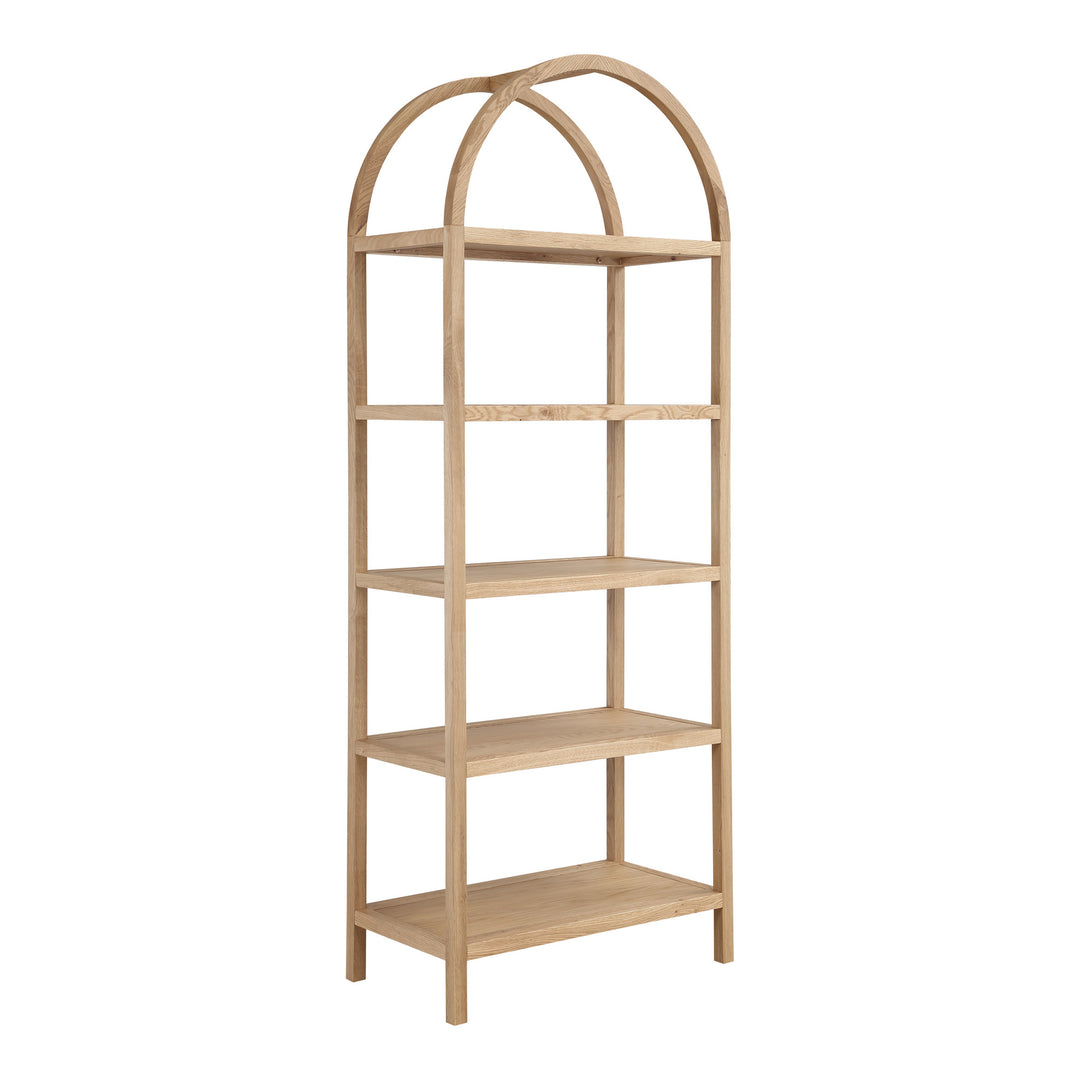 80" Natural Wood Five Tier Arched Top Bookcase