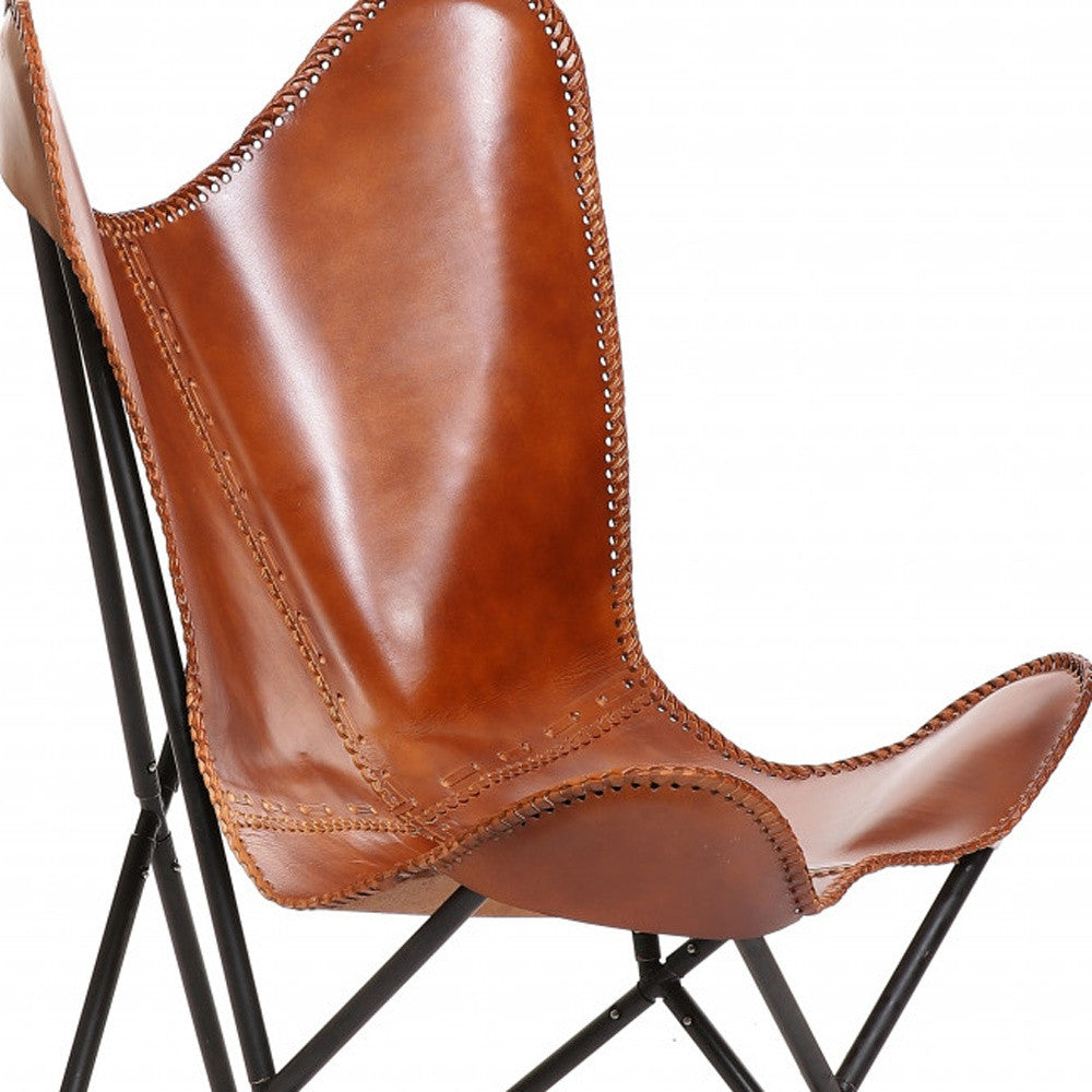 32" Brown And Black Genuine Leather Butterfly Chair