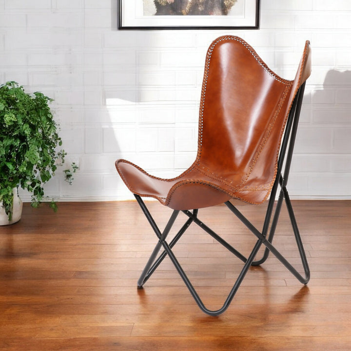 32" Brown And Black Genuine Leather Butterfly Chair