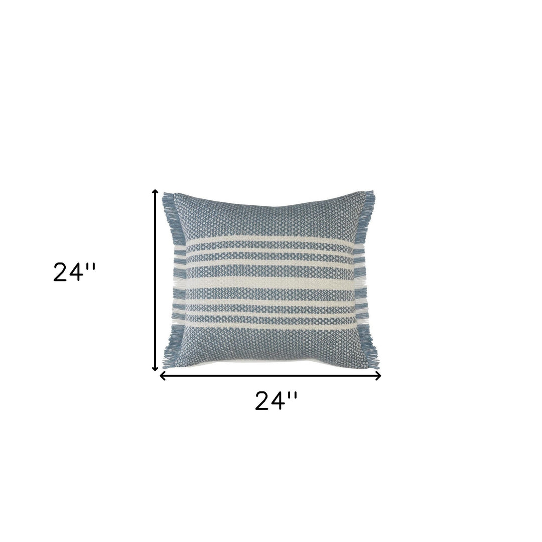 24" Blue and Off White Striped Indoor Outdoor Throw Pillow With Fringe