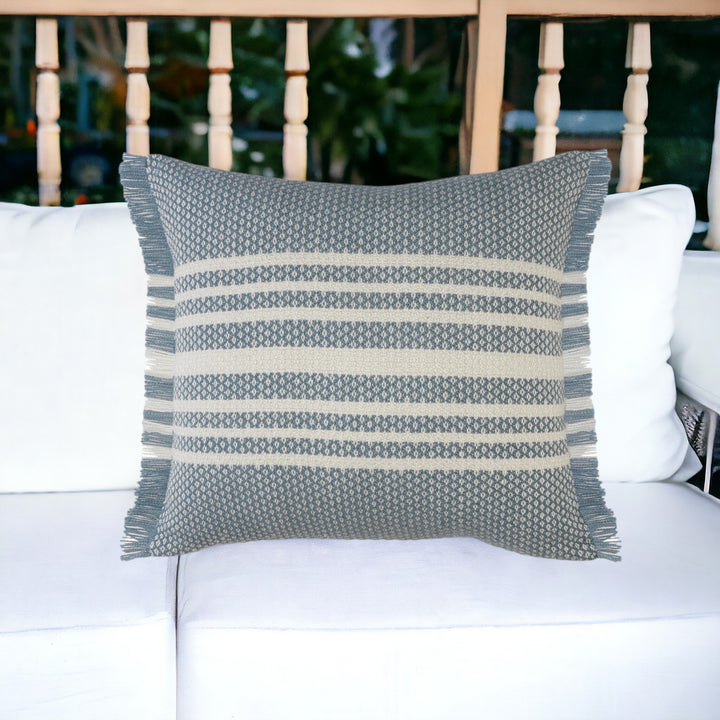 24" Blue and Off White Striped Indoor Outdoor Throw Pillow With Fringe