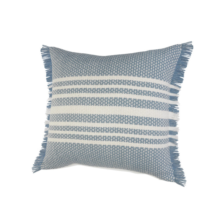 24" Blue and Off White Striped Indoor Outdoor Throw Pillow With Fringe