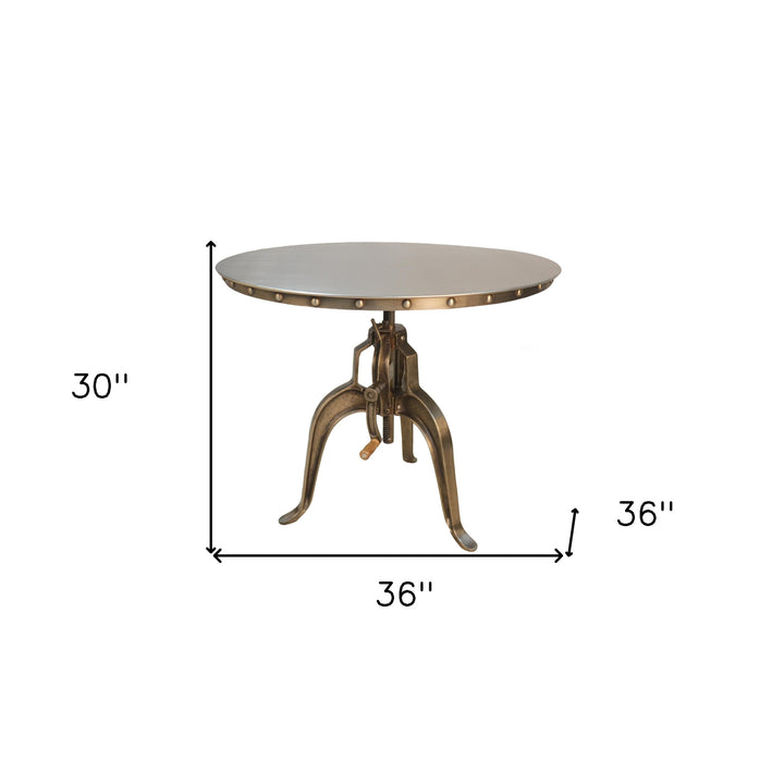 Adjustable Height Antiqued Nickel Three Leg Base Round Top Dining Table