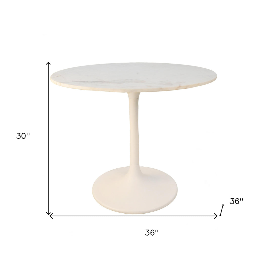 36" White Rounded Marble And Iron Pedestal Base Dining Table