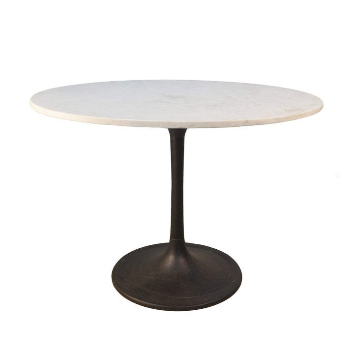 40" White And Black Rounded Marble And Iron Pedestal Base Dining Table