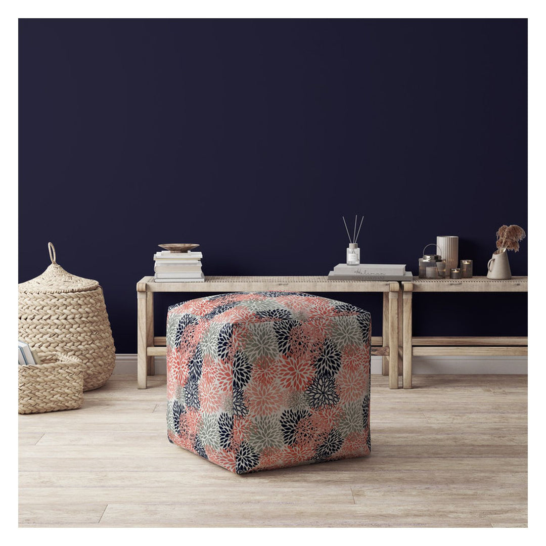 17" Coral Polyester Floral Pouf Ottoman