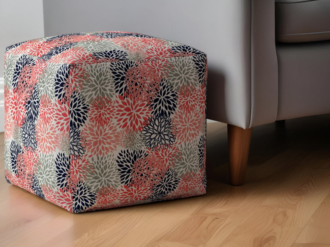 17" Coral Polyester Floral Pouf Ottoman