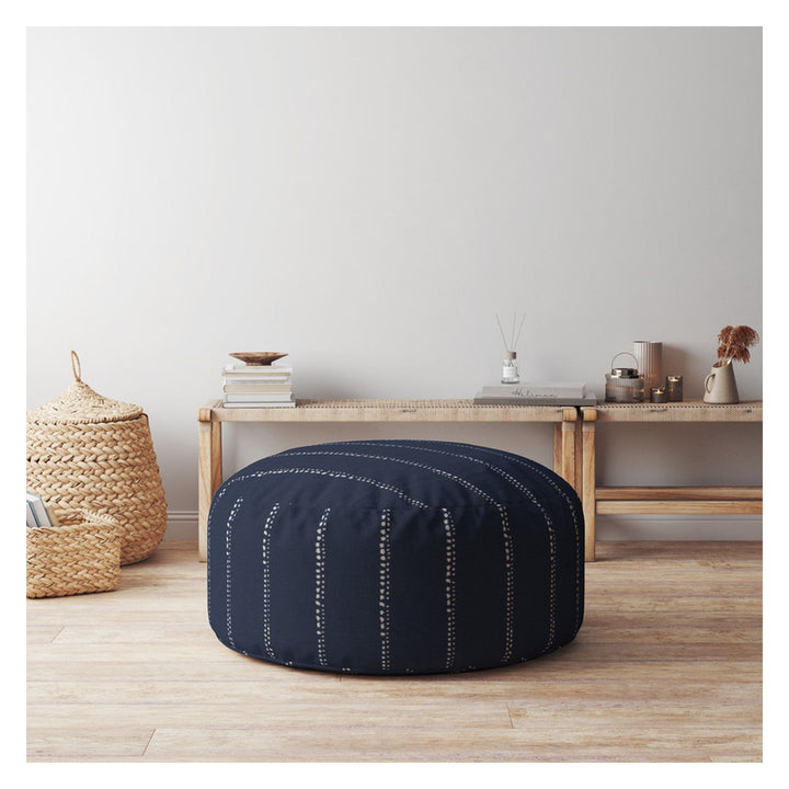 24" Blue Cotton Round Striped Pouf Ottoman