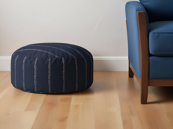 24" Blue Cotton Round Striped Pouf Ottoman