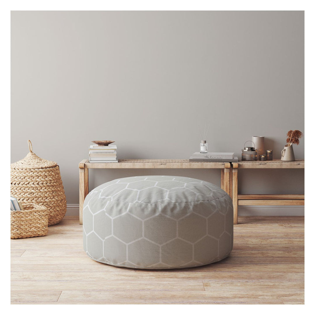 24" Gray Cotton Round Geometric Pouf Ottoman