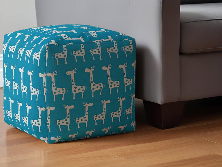 17" Blue and White Cotton Giraffe Pouf Ottoman