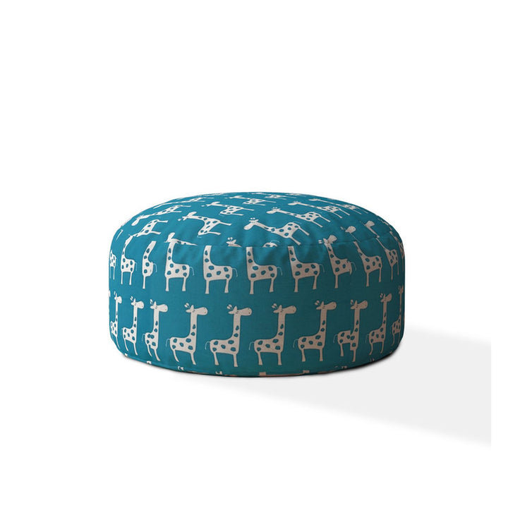 24" Blue and White Cotton Round Giraffe Pouf Ottoman