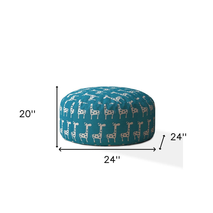 24" Blue and White Cotton Round Giraffe Pouf Ottoman