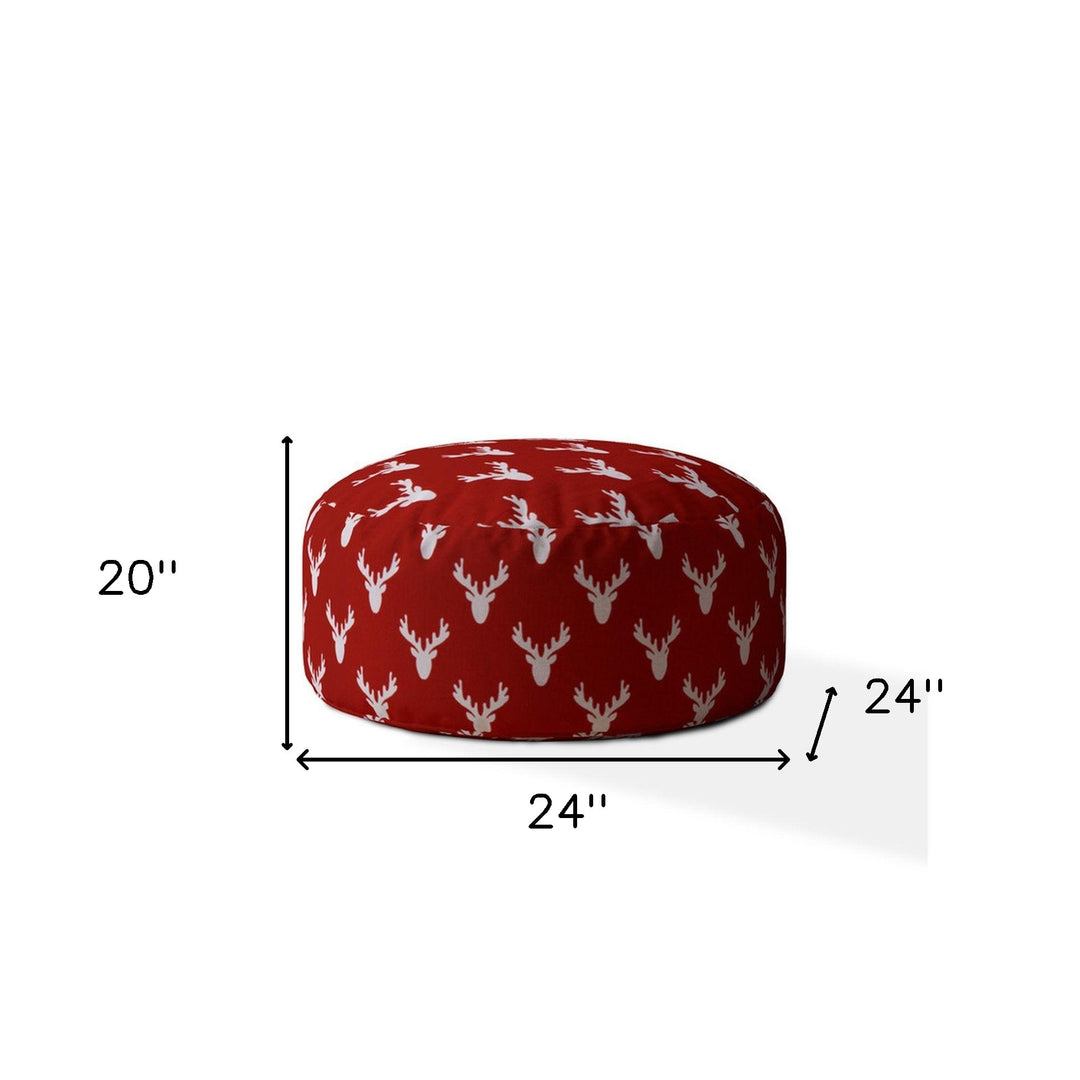 24" Red and White Cotton Round Stag Pouf Ottoman