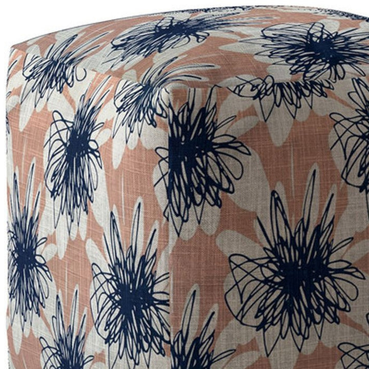 17" Pink and Blue Canvas Floral Pouf Ottoman