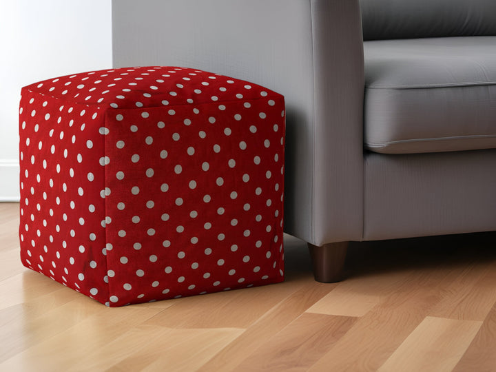 17" Red Cotton Polka Dots Pouf Ottoman