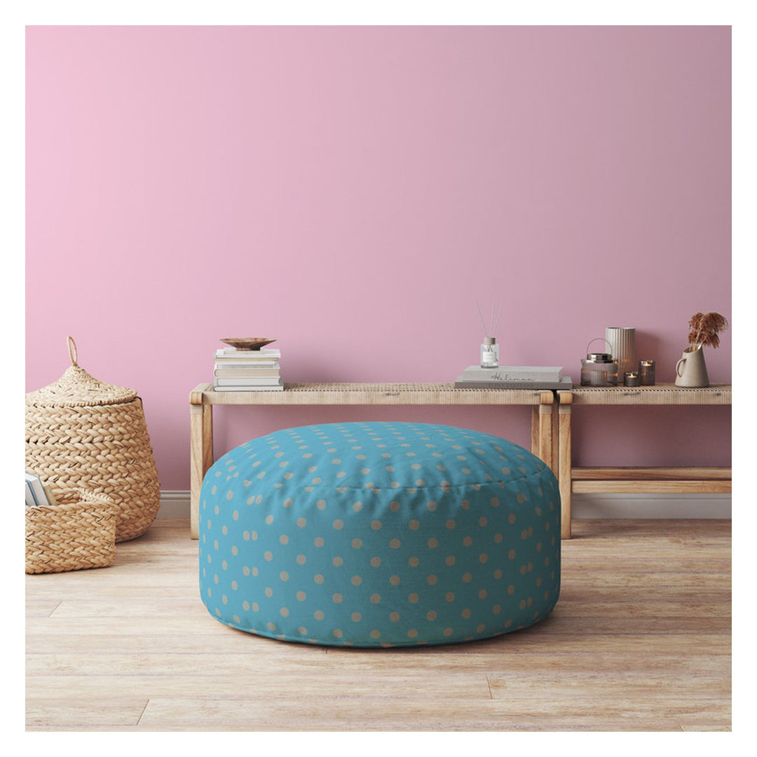 24" Blue Cotton Round Polka Dots Pouf Ottoman