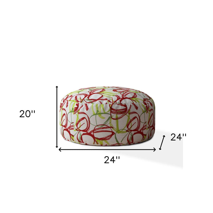 24" Red and White Cotton Round Abstract Pouf Ottoman