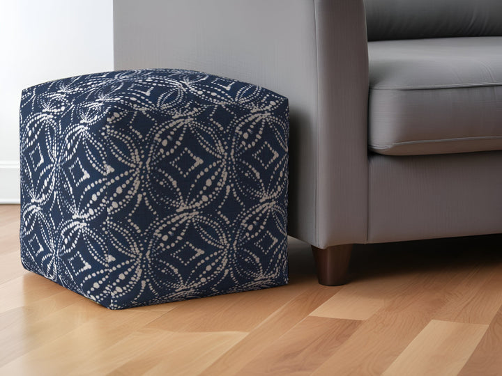 17" Blue and White Canvas Damask Pouf Ottoman