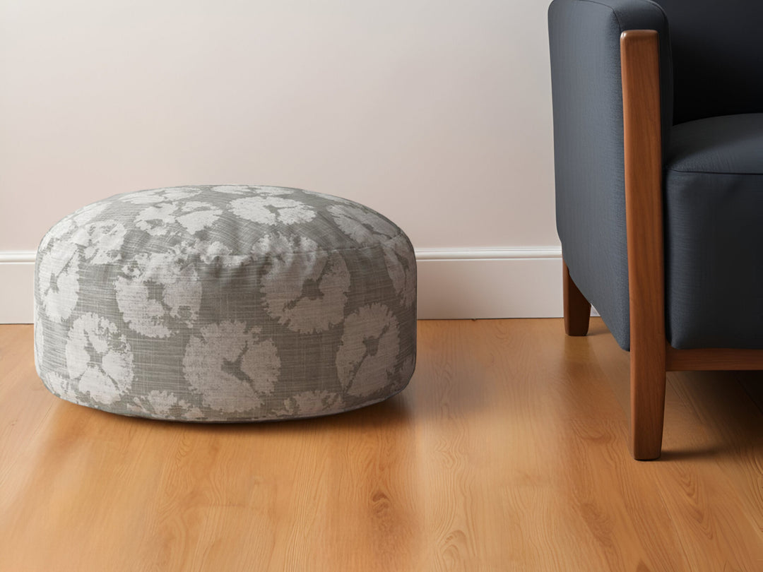 24" Gray Canvas Round Floral Pouf Ottoman