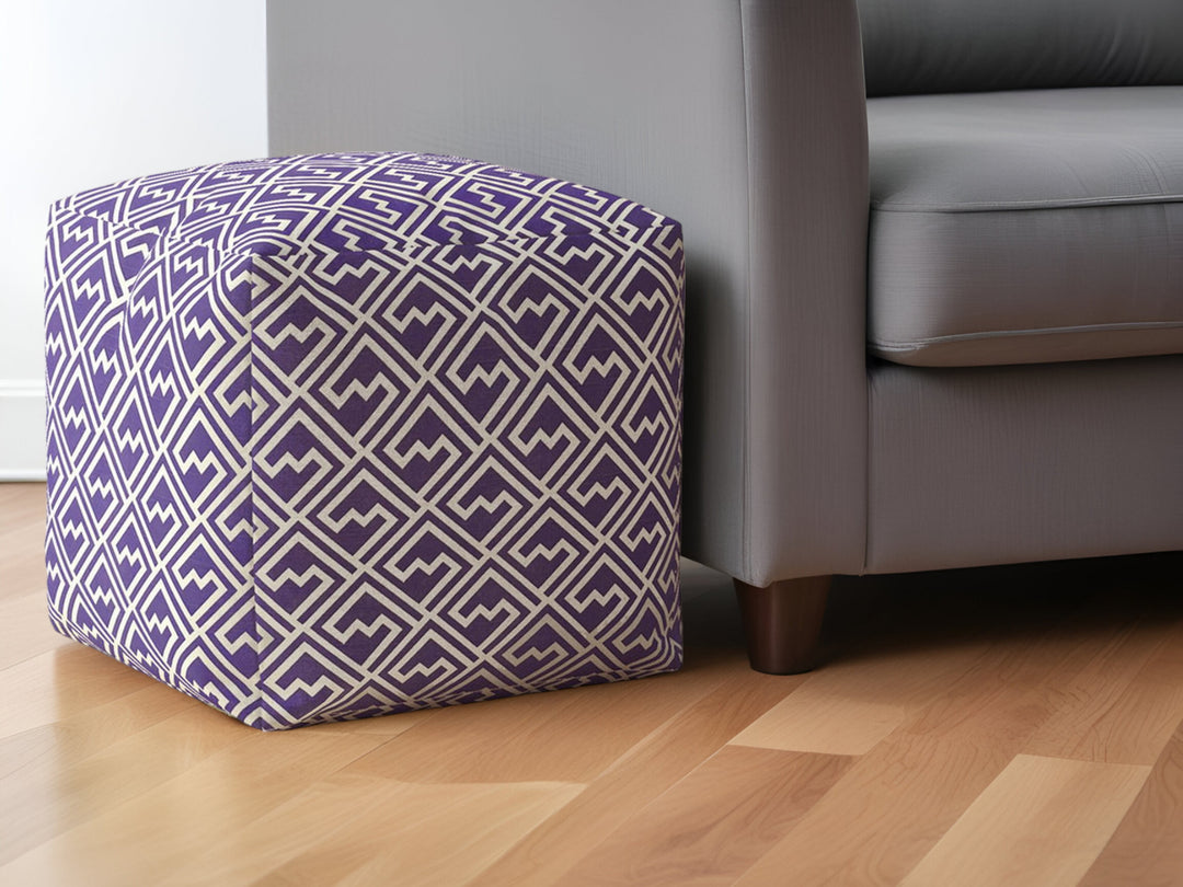 17" Purple and White Cotton Damask Pouf Ottoman