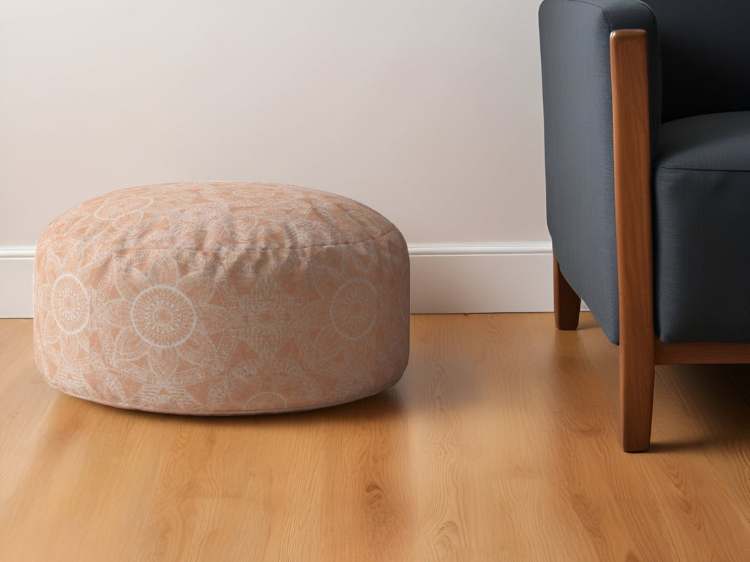 24" Orange Cotton Round Floral Pouf Ottoman