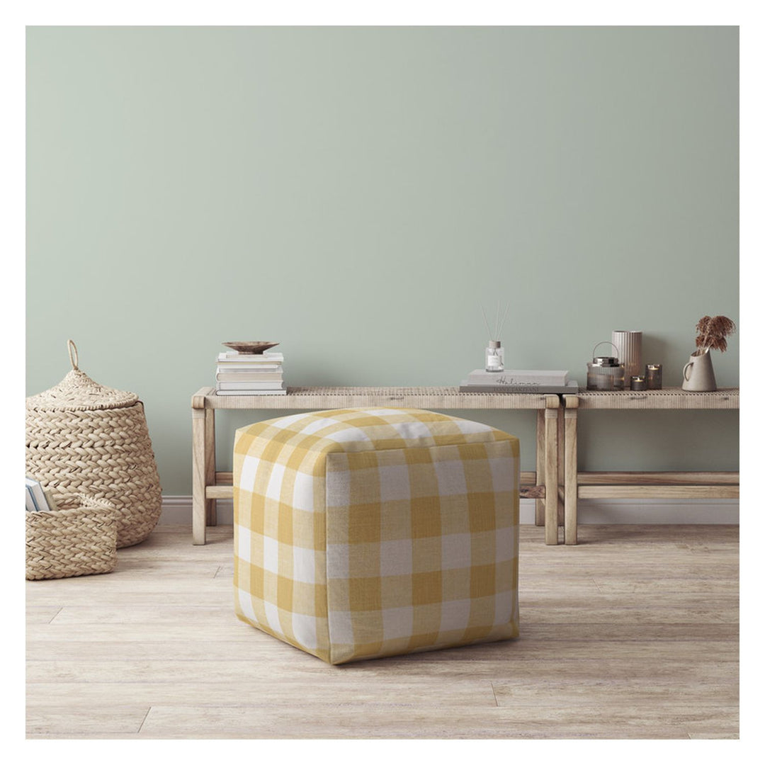 17" Yellow And White Canvas Gingham Pouf Cover