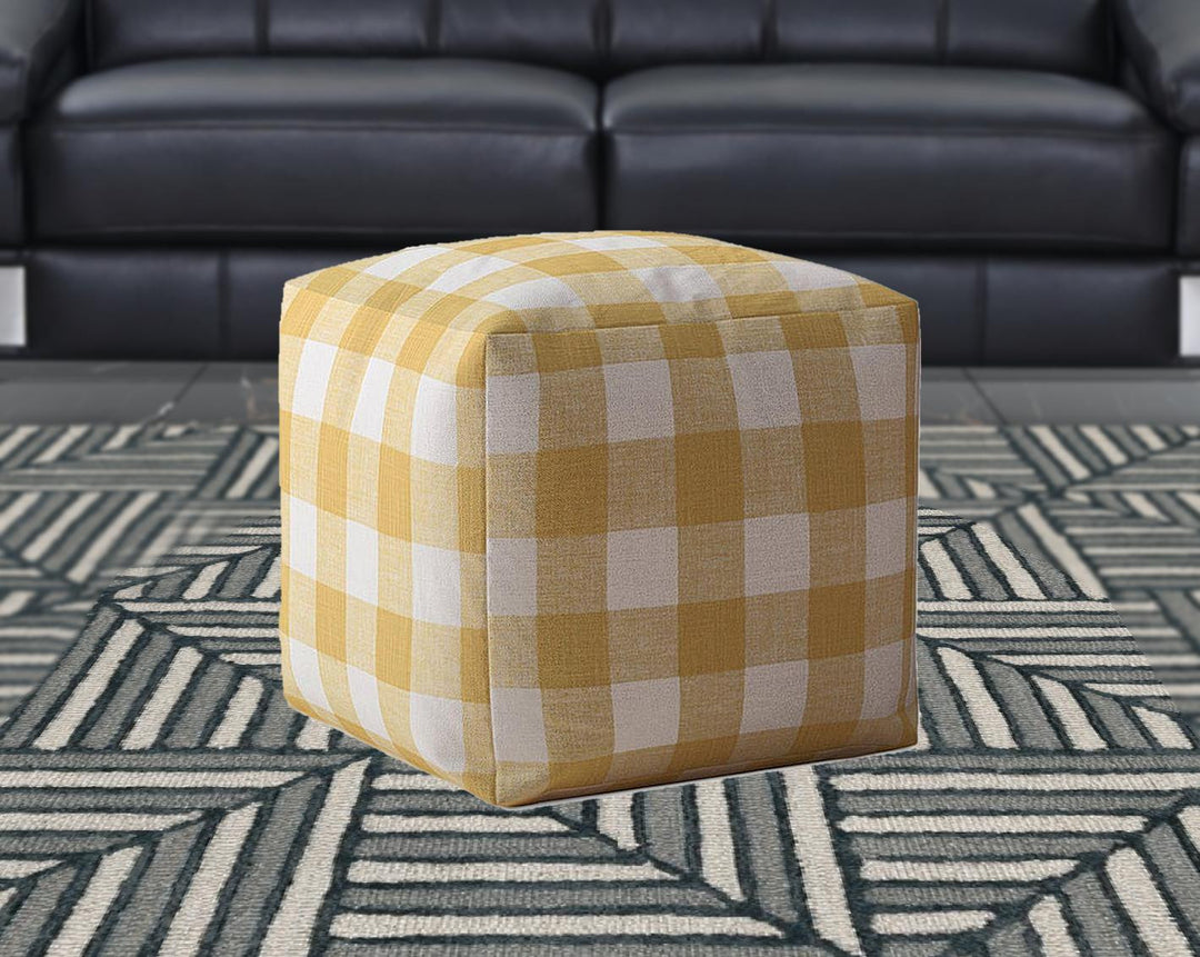 17" Yellow And White Canvas Gingham Pouf Cover