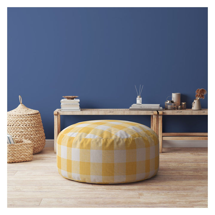 24" Yellow And White Canvas Round Gingham Pouf Cover