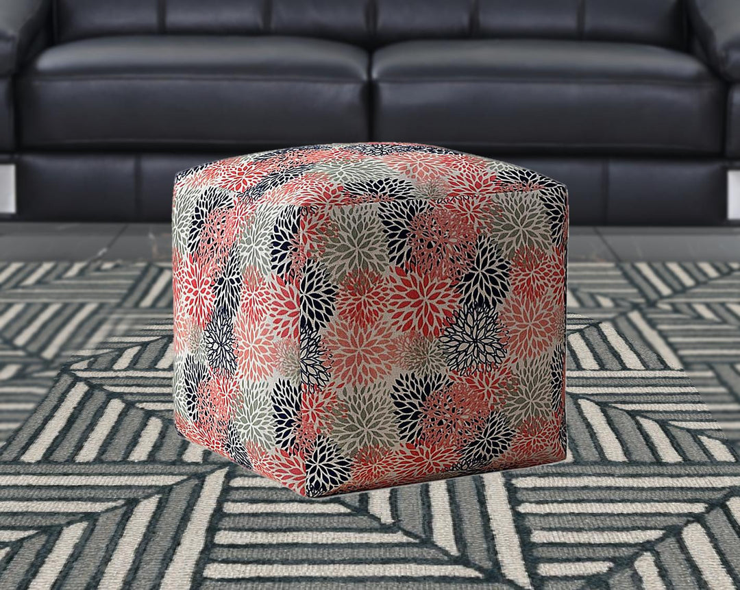 17" Coral Polyester Floral Pouf Cover