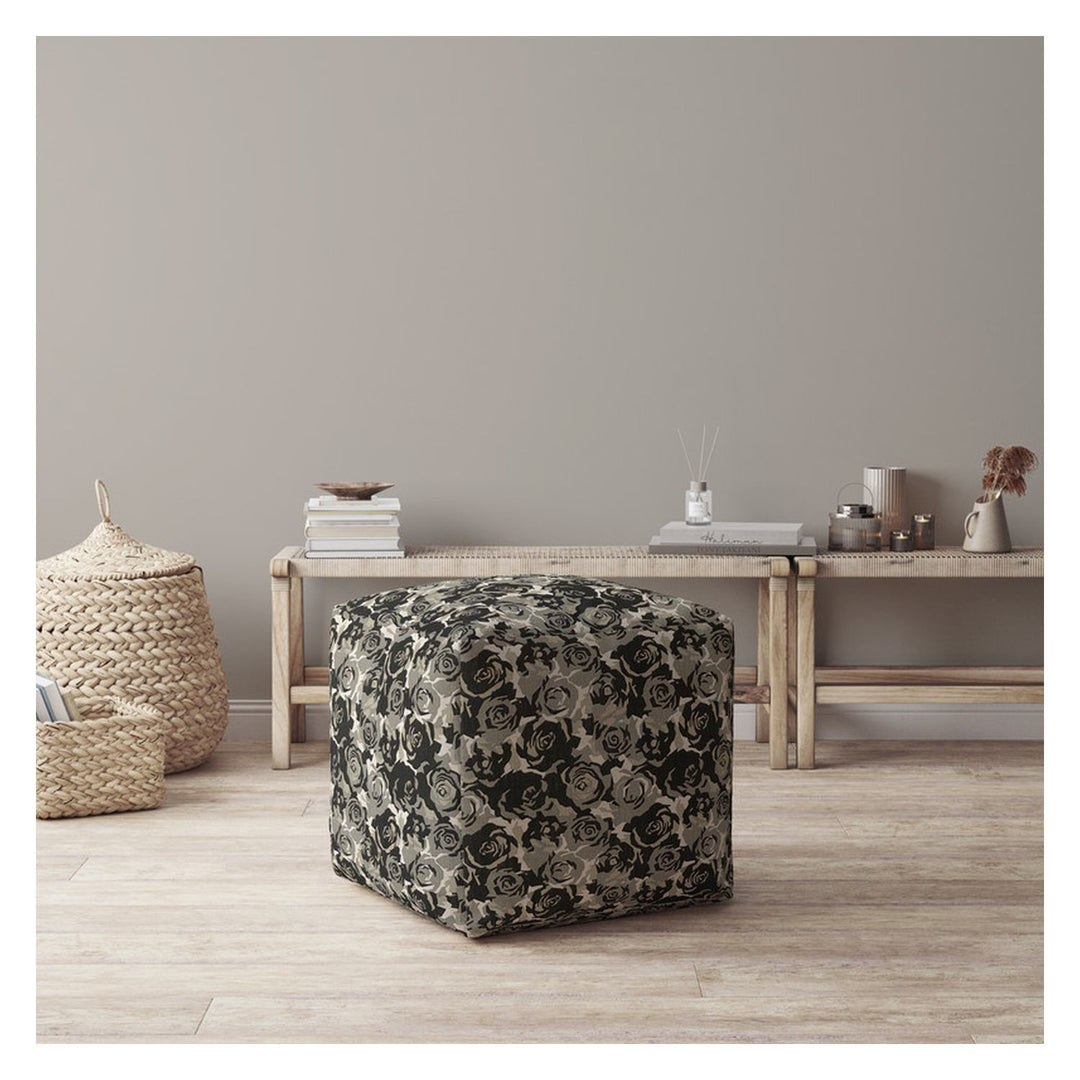 17" Beige Canvas Floral Pouf Cover