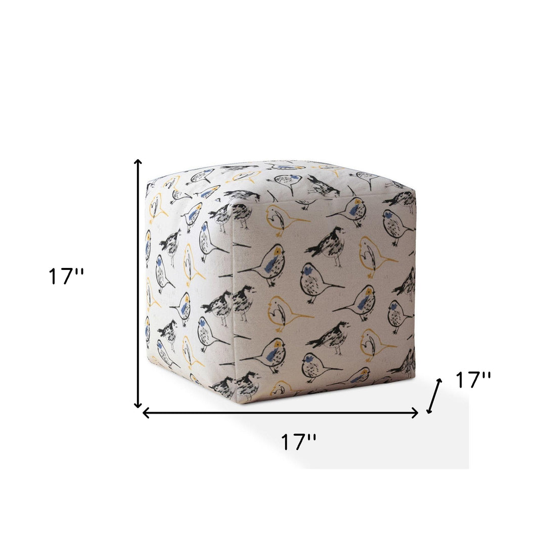 17" Yellow And White Canvas Birds Pouf Cover