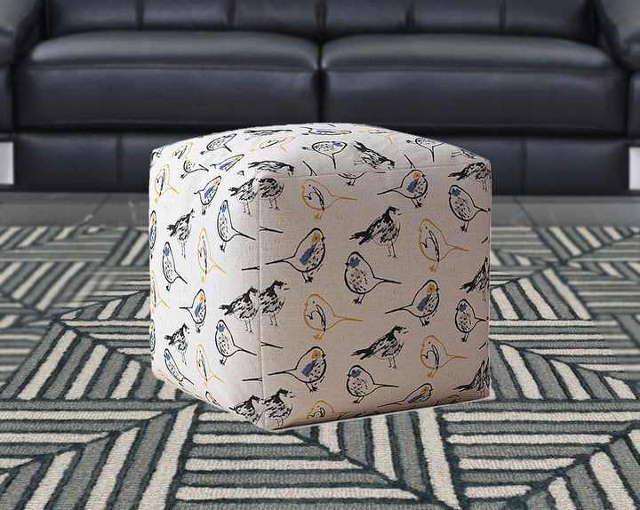 17" Yellow And White Canvas Birds Pouf Cover