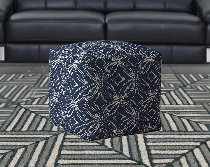 17" Blue And White Canvas Damask Pouf Cover