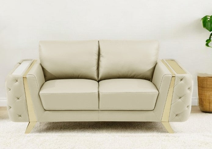 72" Beige And Gold Genuine Leather Loveseat