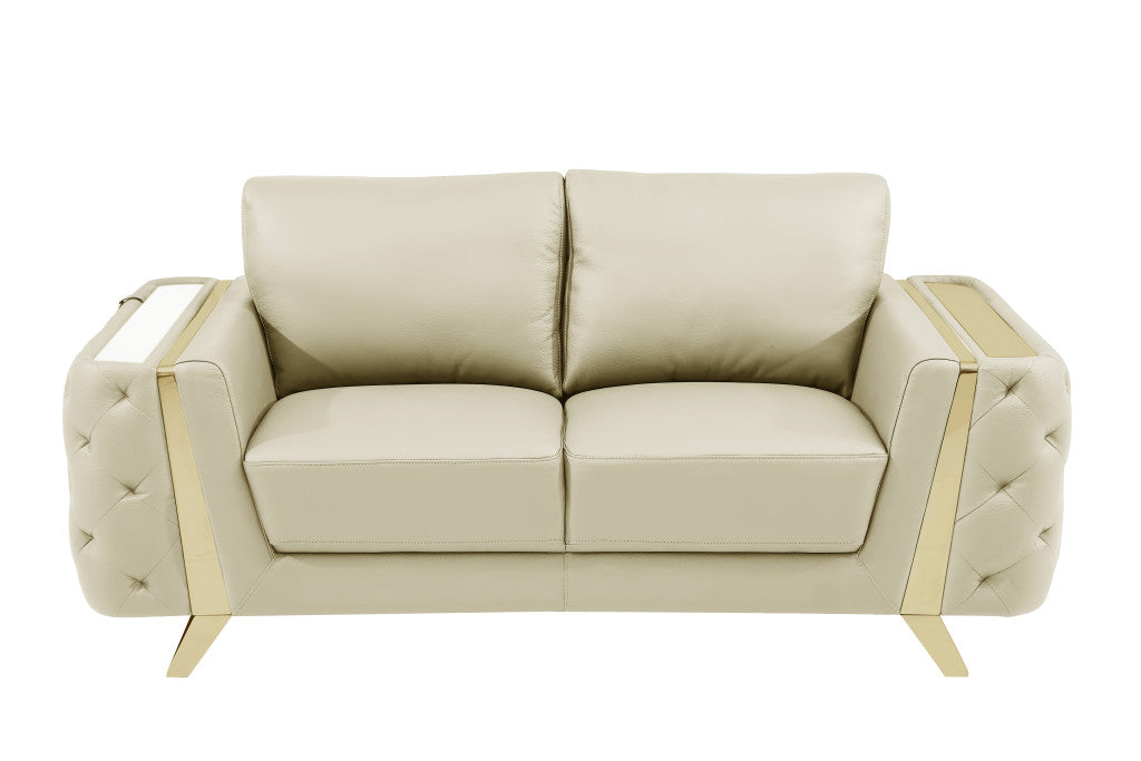 72" Beige And Gold Genuine Leather Loveseat