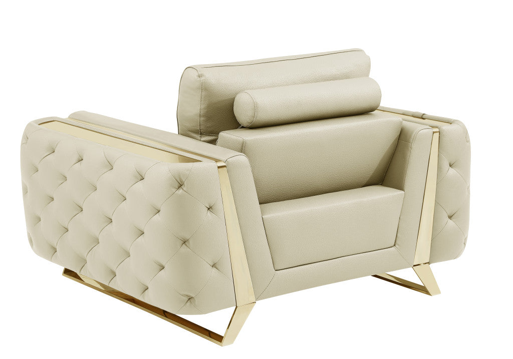 50" Beige And Gold Genuine Leather Tufted Club Chair