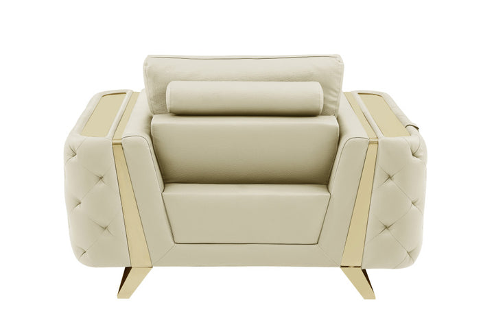 50" Beige And Gold Genuine Leather Tufted Club Chair