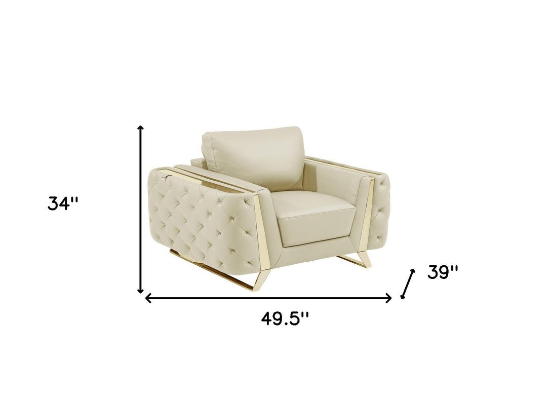 50" Beige And Gold Genuine Leather Tufted Club Chair